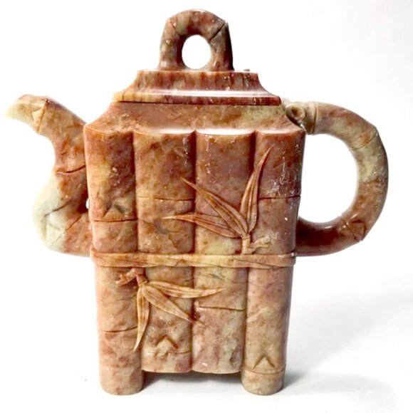 Chinese Small Carved Soapstone Teapot Bamboo with Lid - Picture 1 of 16